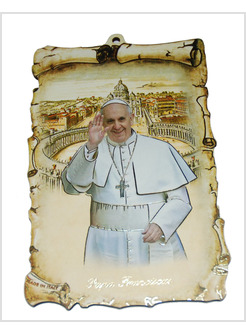TAVOLETTA IN LEGNO A FORMA DI PERGAMENA PAPA FRANCESCO CM 15X10