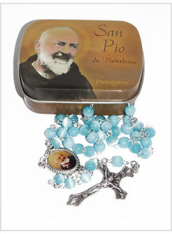 SCATOLA METALLO PORTAROSARIO SAN PIO DA PIETRELCINA PROTEGGIMI