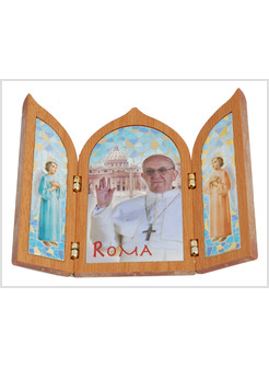 QUADRETTO TRITTICO COLORE LEGNO CM 10 X 12 PAPA FRANCESCO CON ANGELI