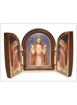 TRITTICO BIZANTINO CON IMMAGINE ORO A CALDO SACRO CUORE GESU' CON ANGELI