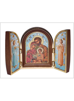 TRITTICO BIZANTINO CON IMMAGINE ORO A CALDO SACRA FAMIGLIA CON ANGELI