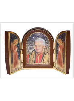 TRITTICO BIZANTINO CON IMMAGINE ORO A CALDO PAPA  BENEDETTO XVI CON  ANGELI