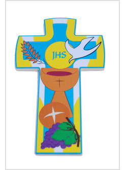 CROCE COLORATA PRIMA COMUNIONE CON COLOMBA EFFETTO CERAMICA