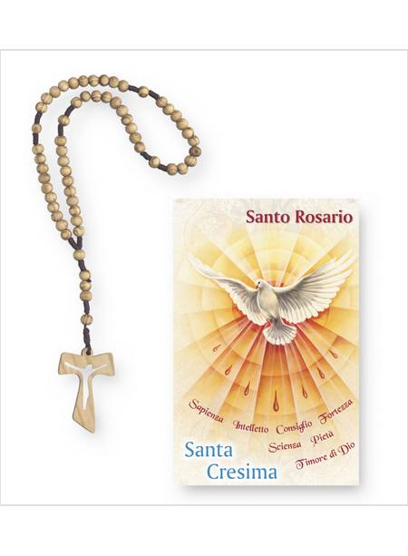 CONFEZIONE PREGHIERA ALLO SPIRITO SANTO CON ROSARIO IN LEGNO CM 14 X 9