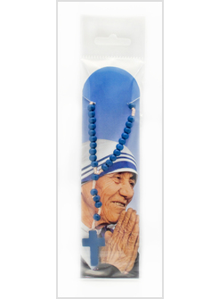 CONFEZIONE ROSARIO LEGNO BLU E CORDA CON SEGNALIBRO SANTA TERESA DI CALCUTTA