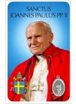 CARD CM 5,5X8,5 MULTILINGUA GIOVANNI PAOLO II SANTO VESTE ROSSA CON MEDAGLIA
