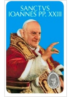CARD CM 5,5 X 8,5 MULTILINGUA GIOVANNI XXIII SANTO SFONDO CELESTE CON MEDAGLIA