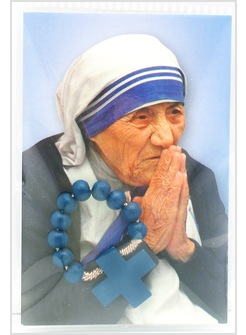CONFEZIONE DECINA ROSARIO IN LEGNO BLU CON IMMAGINE SANTA TERESA DI CALCUTTA