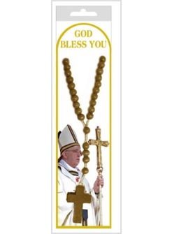 CONFEZIONE ROSARIO IN LEGNO MARRONE CON SEGNALIBRO PAPA FRANCESCO