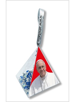 PIRAMIDE PAPA FRANCESCO SFONDO ROSSO CON CORONA CRISTALLO AZZURRA DA APPENDERE