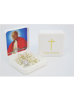 ROSARIO CHICCO DI RISO CON CROCIERA SANTO GIOVANNI PAOLO II IN ASTUCCIO CM 8 X 8