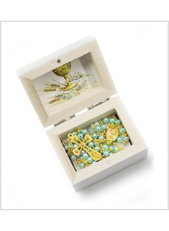 ROSARIO PRIMA COMUNIONE CELESTE ORO IN SCATOLA DI LEGNO