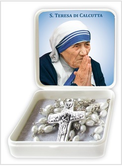 ROSARIO BIANCO IN SCATOLA CM 6 X 6 CON IMMAGINE SANTA TERESA DI CALCUTTA