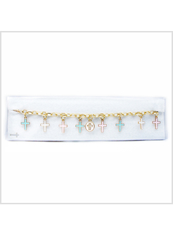 BRACCIALE DORATO CON CROCI SMALTATE AZZURRE ROSA E BIANCHE