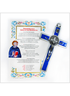 CONFEZIONE CROCE SMALTATA AZZURRA SAN BENEDETTO CON PERGAMENA