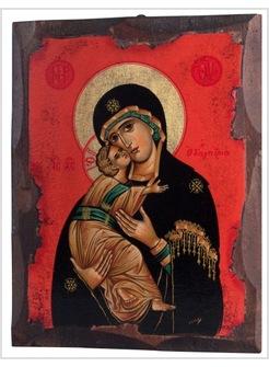 ICONA MARIA ODIGITRIA MANTO NERO SFONDO ROSSO 16 X 21 CM