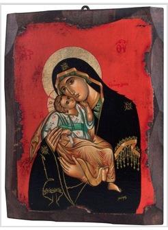 ICONA MADONNA DOLCE AMORE MANTO NERO SFONDO ROSSO 16 X 21 CM