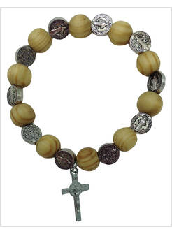 BRACCIALE ELASTICO LEGNO ULIVO CON CROCE E MEDAGLIA SAN BENEDETTO 