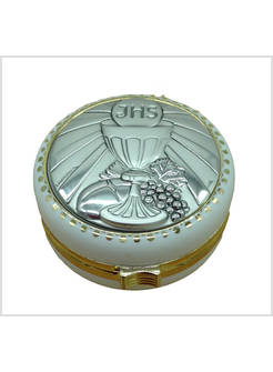 SCATOLINA TONDA IN POLIMERO CM 6 CON ROSARIO SIMBOLI PRIMA COMUNIONE