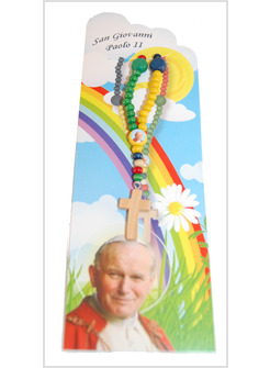 CONFEZIONE CARTONCINO SAN GIOVANNI PAOLO II CON ROSARIO LEGNO 5 COLORI