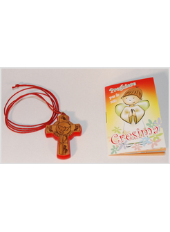 CONFEZIONE LIBRETTO PREGHIERE CRESIMA E CROCE LEGNO ULIVO CON LACCIO