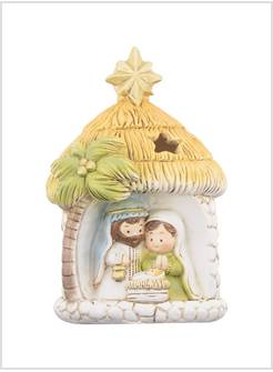 CAPANNA PALMA IN RESINA E NATIVITA' CON LUCE LED CM 6 X 10