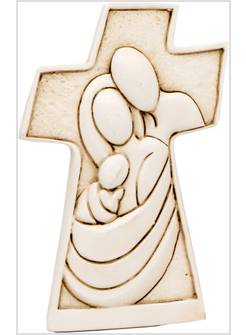 CROCE IN RESINA CM 10 X 6 SACRA FAMIGLIA IN RILIEVO CON SCATOLA