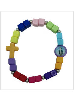 BRACCIALE ELASTICO COLORATO PER BAMBINI CON CROCE E MEDAGLIA