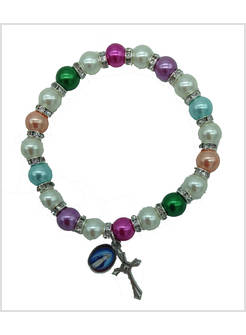 BRACCIALE ELASTICO PERLE BIANCHE E COLORATE CROCE E MEDAGLIA MIRACOLOSA