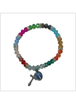 BRACCIALE ELASTICO CRISTALLO COLORATO CON CROCE E MEDAGLIA