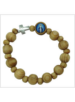 BRACCIALE ELASTICO LEGNO ULIVO CROCE ACCIAIO E MADONNA MIRACOLOSA
