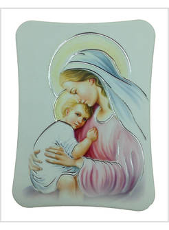 QUADRETTO IN POLIMERO CON DETTAGLI ARGENTATI CM 9 X 12 MADONNA CON BAMBINO