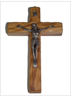 CROCE IN LEGNO DI ULIVO CHIARO CON CRISTO IN METALLO CM 15