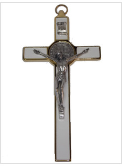 CROCE SAN BENEDETTO IN METALLO SMALTATO BIANCO CM 20