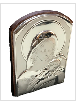 PANNELLO ARGENTO RETRO LEGNO CM 9 X 6 MADONNA CON BAMBINO