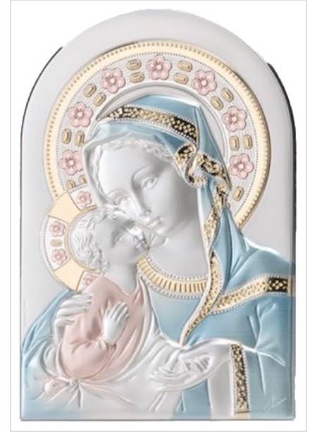 PANNELLO LEGNO NOCE ARCO CM 30 X 20 MADONNA CON BAMBINO ARGENTO E COLORE