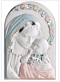 PANNELLO ARCO CM 13 X 9 MADONNA AUREOLA FIORI ARGENTO E COLORE