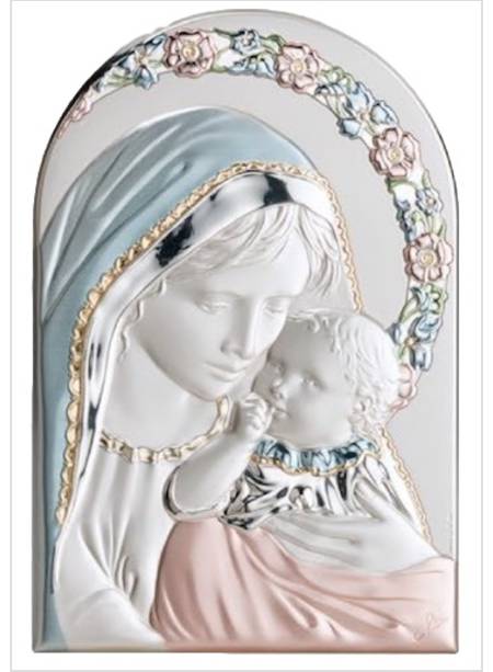 PANNELLO ARCO CM 13 X 9 MADONNA AUREOLA FIORI ARGENTO E COLORE