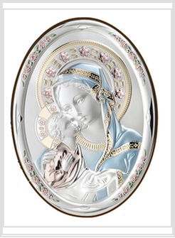 PANNELLO LEGNO OVALE CM 11 X 8  MADONNA CON BAMBINO ARGENTO E COLORE