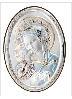 PANNELLO LEGNO OVALE CM 18 MADONNA CON BAMBINO ARGENTO E COLORE