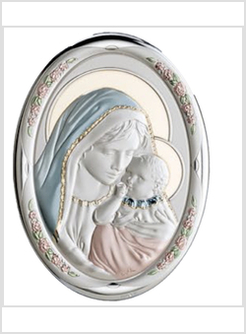 PANNELLO LEGNO OVALE CM 11  X 8 MADONNA AUREOLA FIORI ARGENTO E COLORE