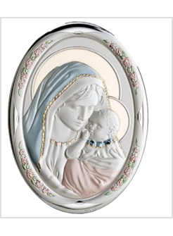 PANNELLO LEGNO OVALE CM 18 MADONNA AUREOLA FIORI ARGENTO E COLORE