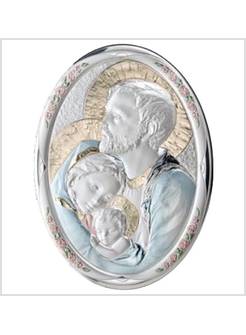 PANNELLO LEGNO OVALE CM 11 X 8 SACRA FAMIGLIA ARGENTO E COLORE
