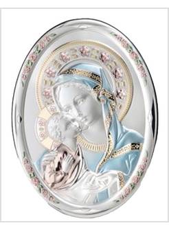PANNELLO LEGNO OVALE CM 31 X 23 MADONNA CON BAMBINO ARGENTO E COLORE