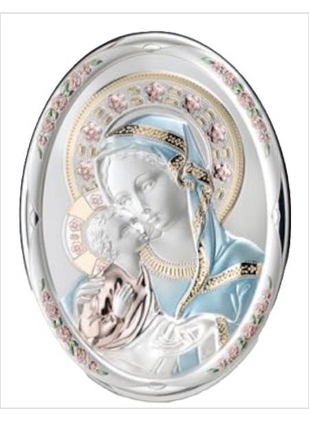 PANNELLO LEGNO OVALE CM 31 X 23 MADONNA CON BAMBINO ARGENTO E COLORE