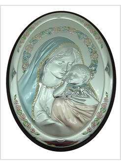 PANNELLO LEGNO OVALE CM 31 X 23 MADONNA E BAMBINO AUREOLA FIORI ARGENTO E COLORE