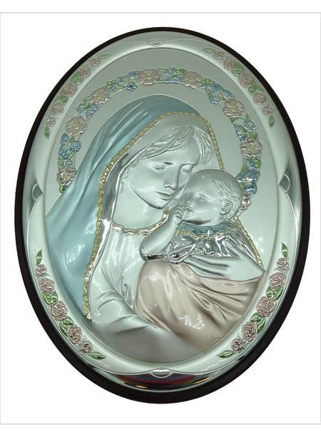 PANNELLO LEGNO OVALE CM 31 X 23 MADONNA E BAMBINO AUREOLA FIORI ARGENTO E COLORE