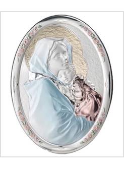 PANNELLO LEGNO OVALE CM 31 X 23 MADONNA CON BAMBINO ARGENTO E COLORE