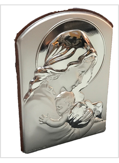 PANNELLO ARGENTO RETRO LEGNO CM 9 X 6 MADONNA DI PROFILO CON BAMBINO