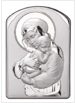 PANNELLO ARGENTO RETRO LEGNO CM 9 X 6 MADONNA CON BAMBINO IN BRACCIO